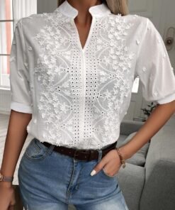 Women's Cotton Blend Embroidered Blouse | Elegant Floral Summer Top