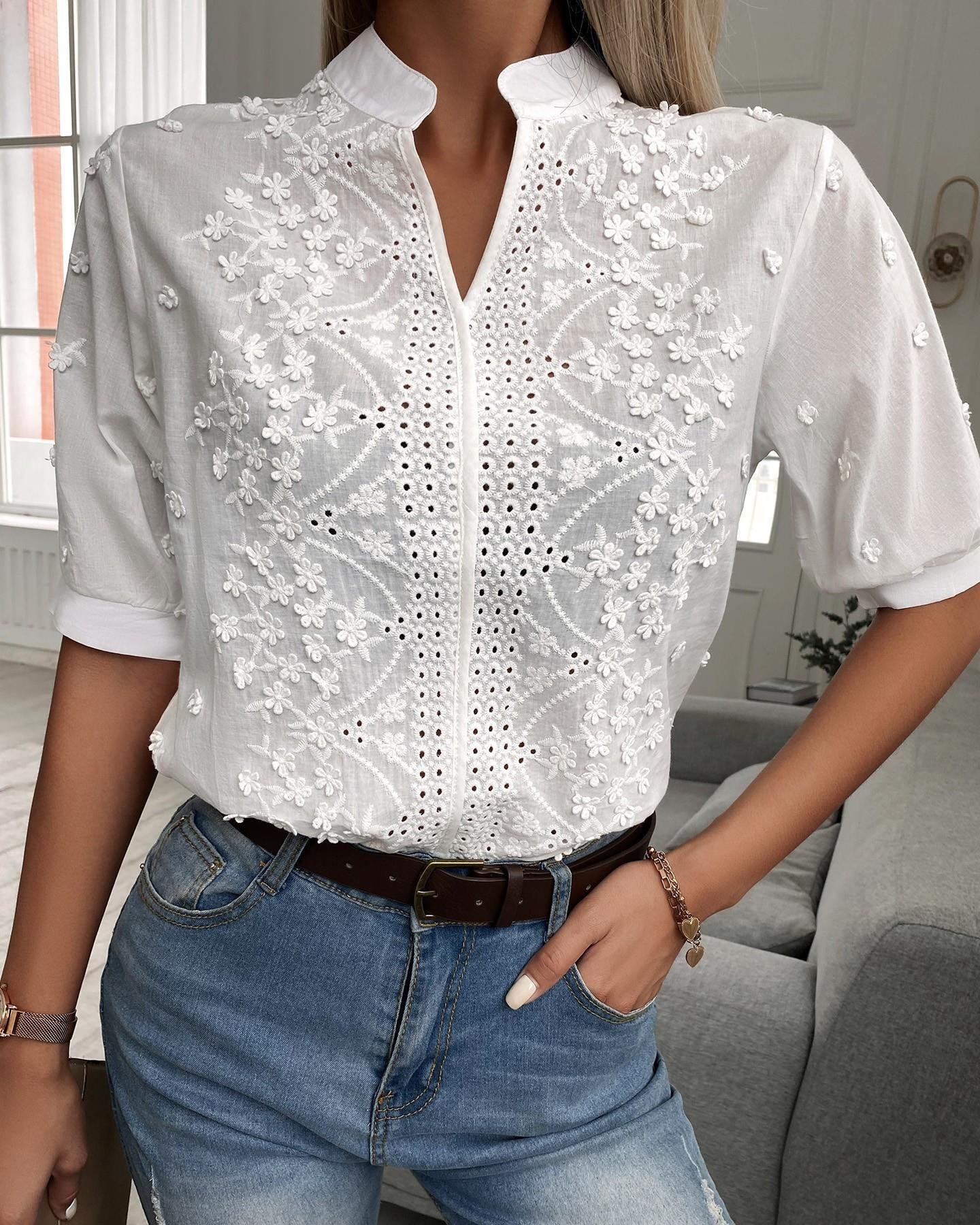 Women's Cotton Blend Embroidered Blouse | Elegant Floral Summer Top