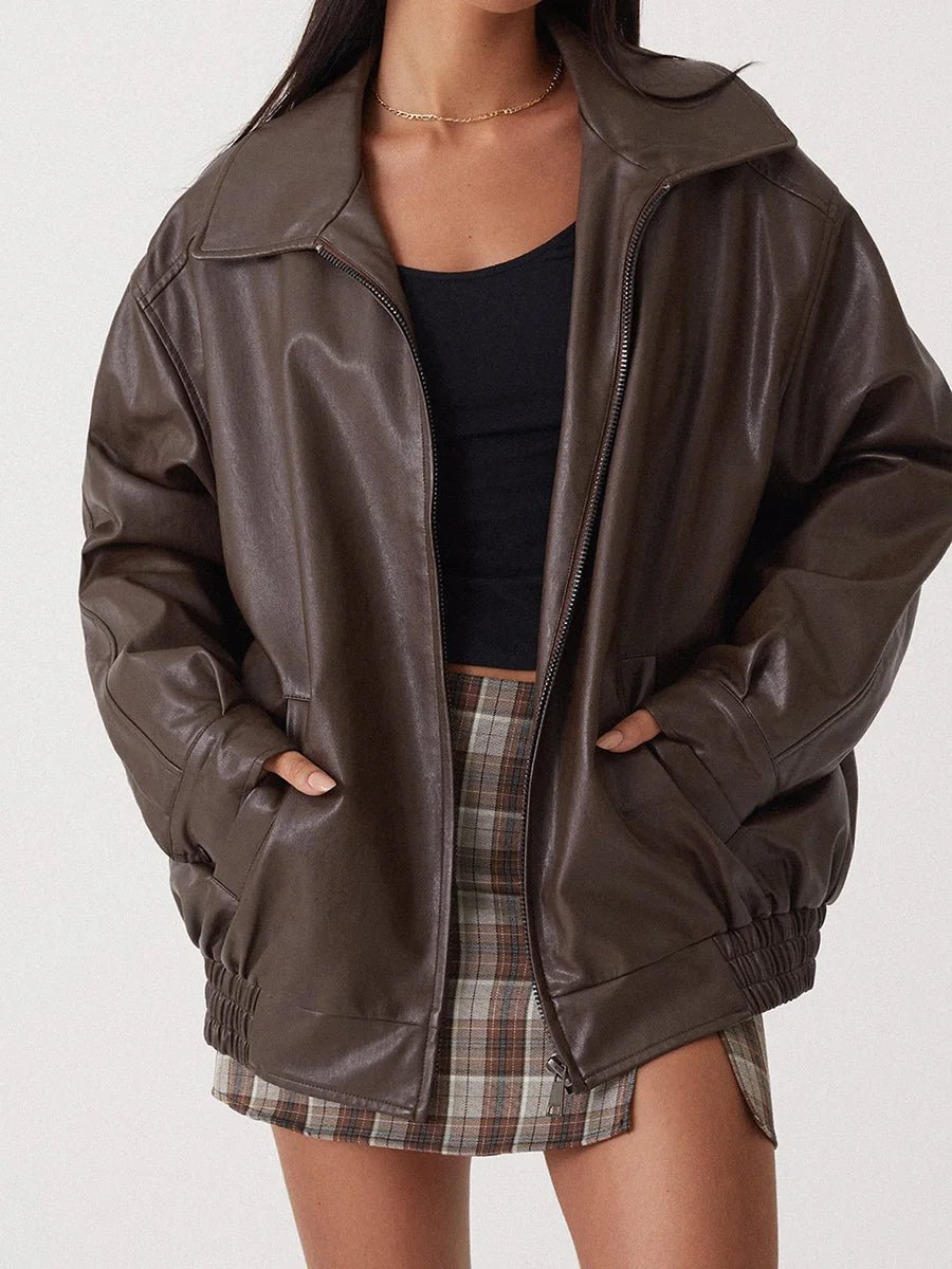 Women's Faux Leather Oversized Bomber Jacket | Stylish Chic Layering Jacket