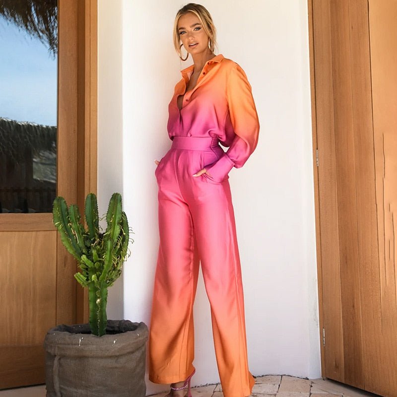 Women's Gradient Ombré Loungewear Set | Relaxed Shirt and Wide-Leg Trousers