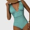 Women's High-Quality Swim Fabric One-Piece Swimsuit | Elegant Striped V-Neck Design