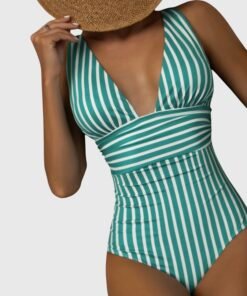 Women's High-Quality Swim Fabric One-Piece Swimsuit | Elegant Striped V-Neck Design
