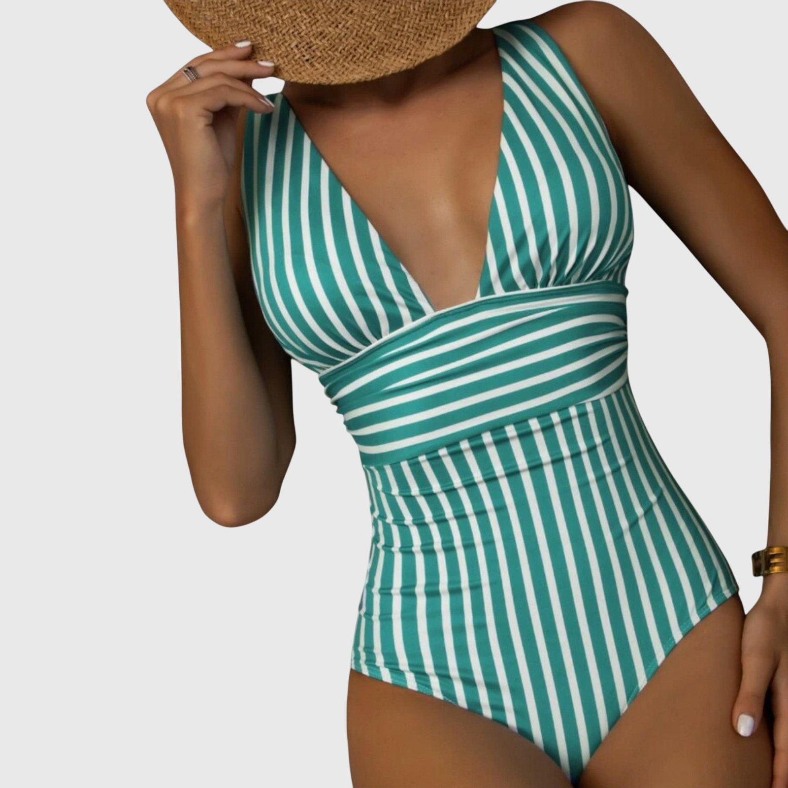 Women's High-Quality Swim Fabric One-Piece Swimsuit | Elegant Striped V-Neck Design