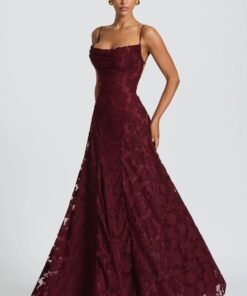 Women's Jacquard Evening Dress | Elegant Deep Burgundy Gown with Flowing Skirt