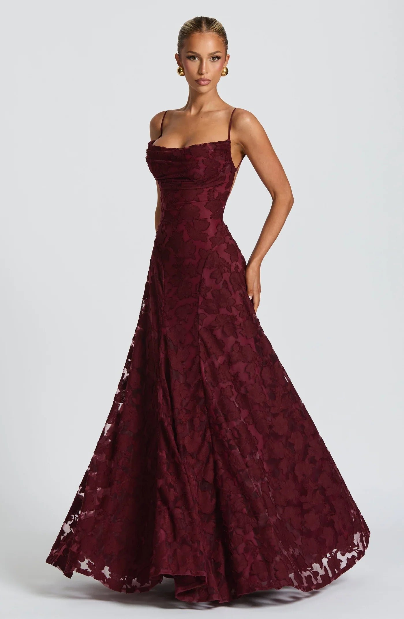 Women's Jacquard Evening Dress | Elegant Deep Burgundy Gown with Flowing Skirt