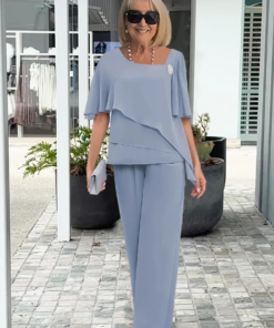 Women's Lightweight Fabric Loungewear Set | Trendy Asymmetric Blouse and High-Waisted Trousers