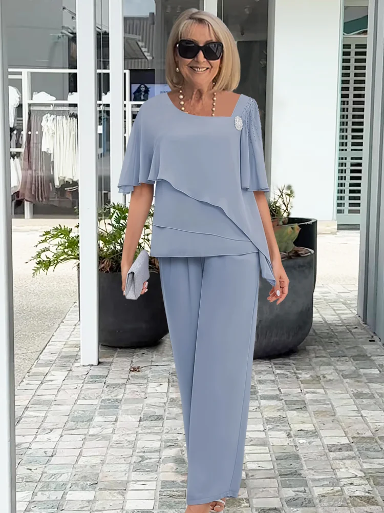 Women's Lightweight Fabric Loungewear Set | Trendy Asymmetric Blouse and High-Waisted Trousers