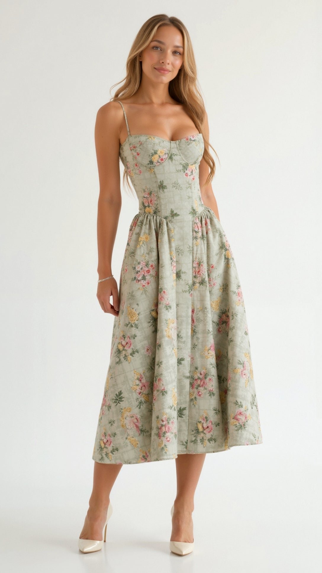Women's Lightweight Floral Midi Dress | Elegant Sweetheart Neckline Summer Dress
