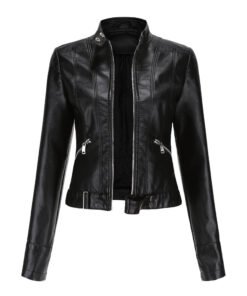 Women's PU Leather Jacket | Stylish High Collar Belted Biker Coat