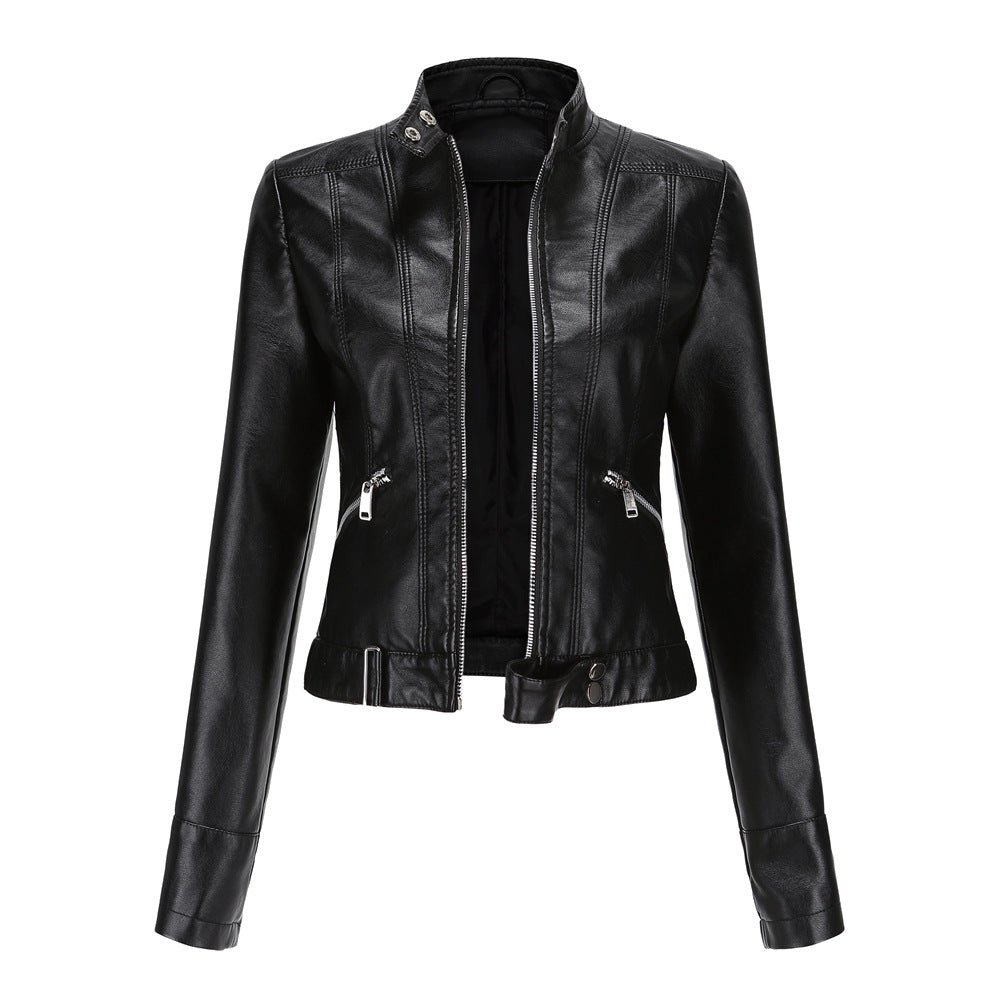 Women's PU Leather Jacket | Stylish High Collar Belted Biker Coat